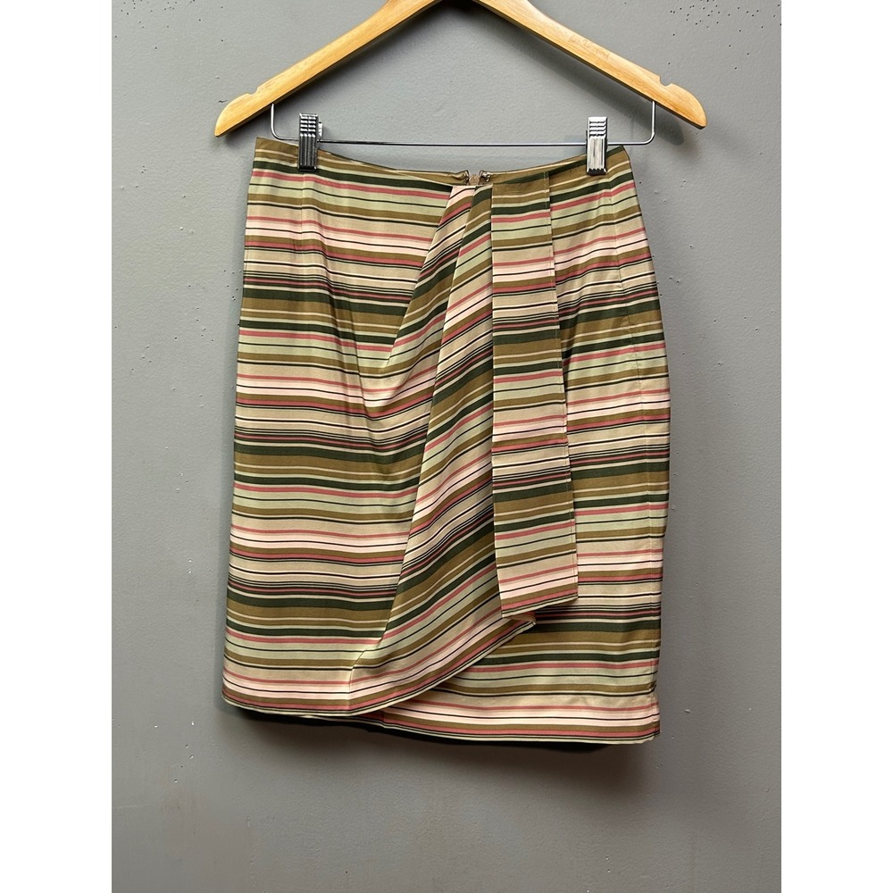 Pencil Skirt Womens 4 Green Pink Striped Silk Draped Front Career Retro Work